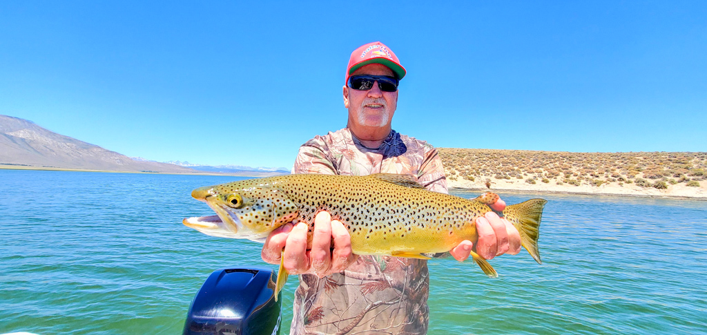 A smiling angler holding a brown trout from Crowley Lake.