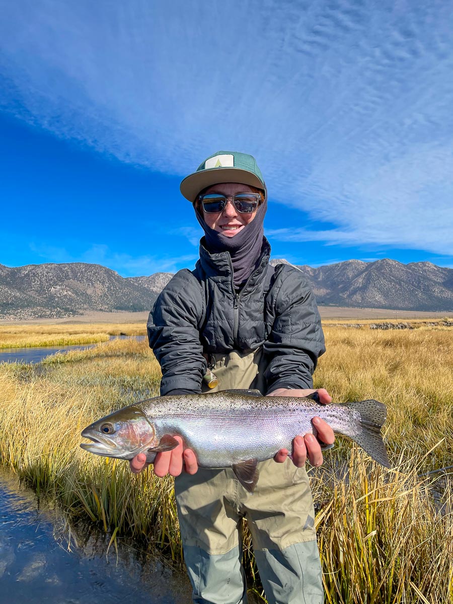 A fly fisherman displaying a giant rainbow trout from the Upper Owens River.