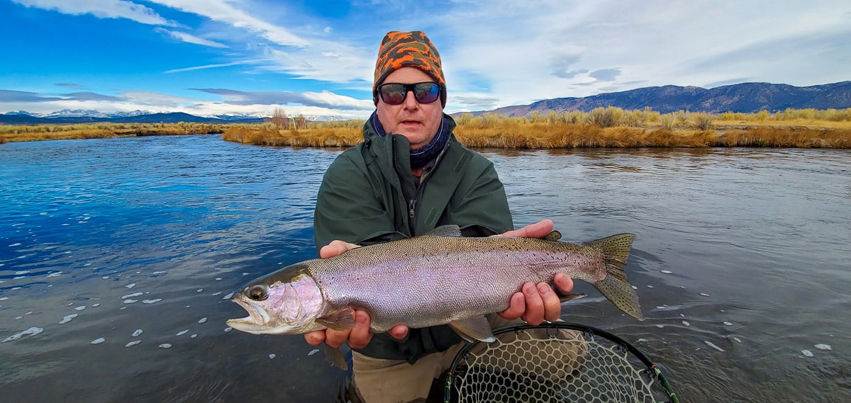 A fly fisherman holding a rainbow trout during the fall spawn from the Upper Owens River.