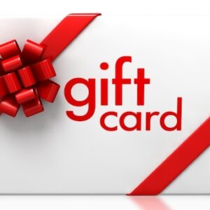 A white gift card with a red ribbon for the holidays.