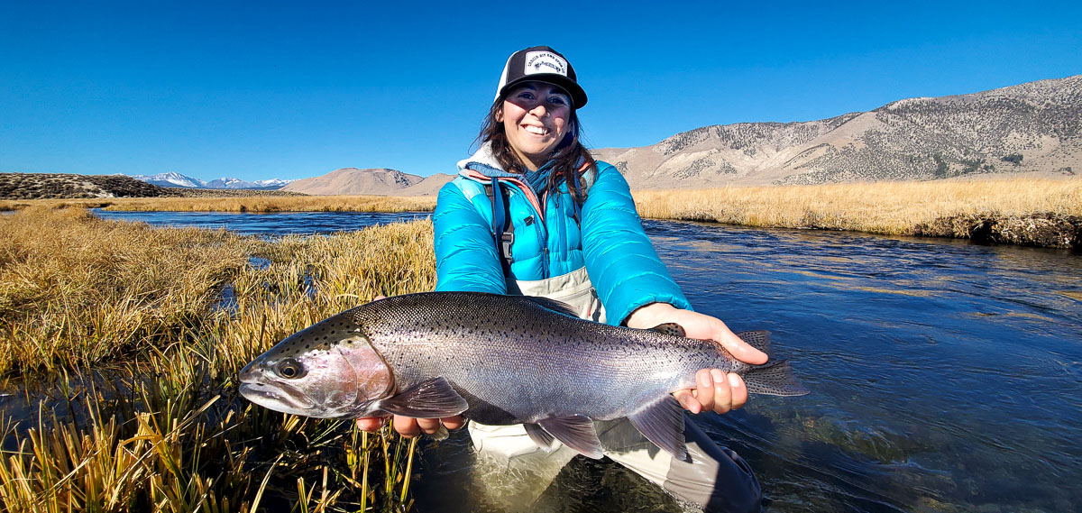 A fly fisherwomman holding a rainbow trout during the fall spawn from the Upper Owens River.