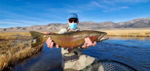 A masked fly fisherman holding a rainbow trout in spawning colors from the Upper Owens River.