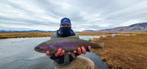 A masked fly fisherman holding a rainbow trout in spawning colors from the Upper Owens River.