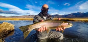 A masked fly fisherman holding a rainbow trout in spawning colors from the Upper Owens River.