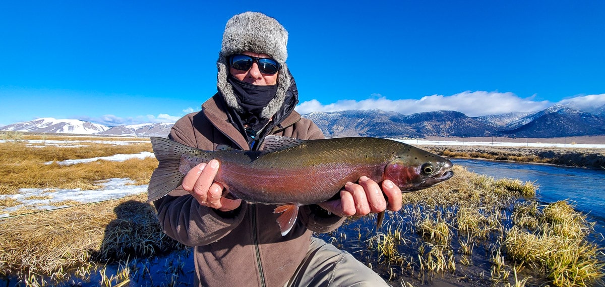 A fly fisherman holding a rainbow trout in spawning colors from the Upper Owens River in the snow.