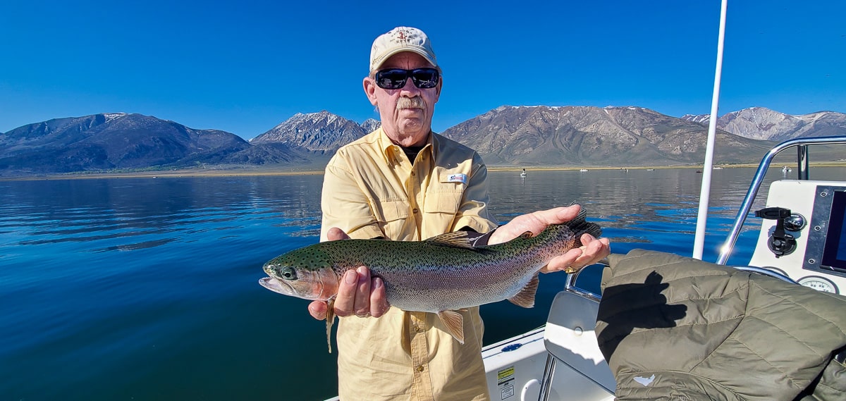 An elderly fly angler holding a massive rainbow trout on a lake while in a boat with mountains behind him.