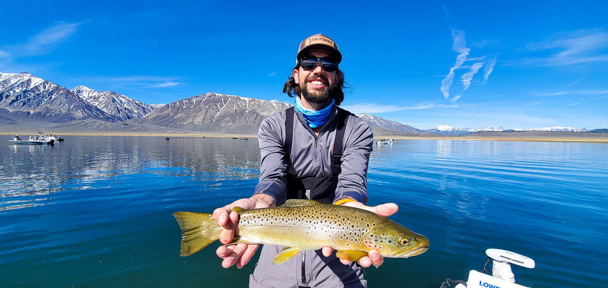 A bearded angler with a ball cap holding a bronze colored fish in a boat on a glassy lake.
