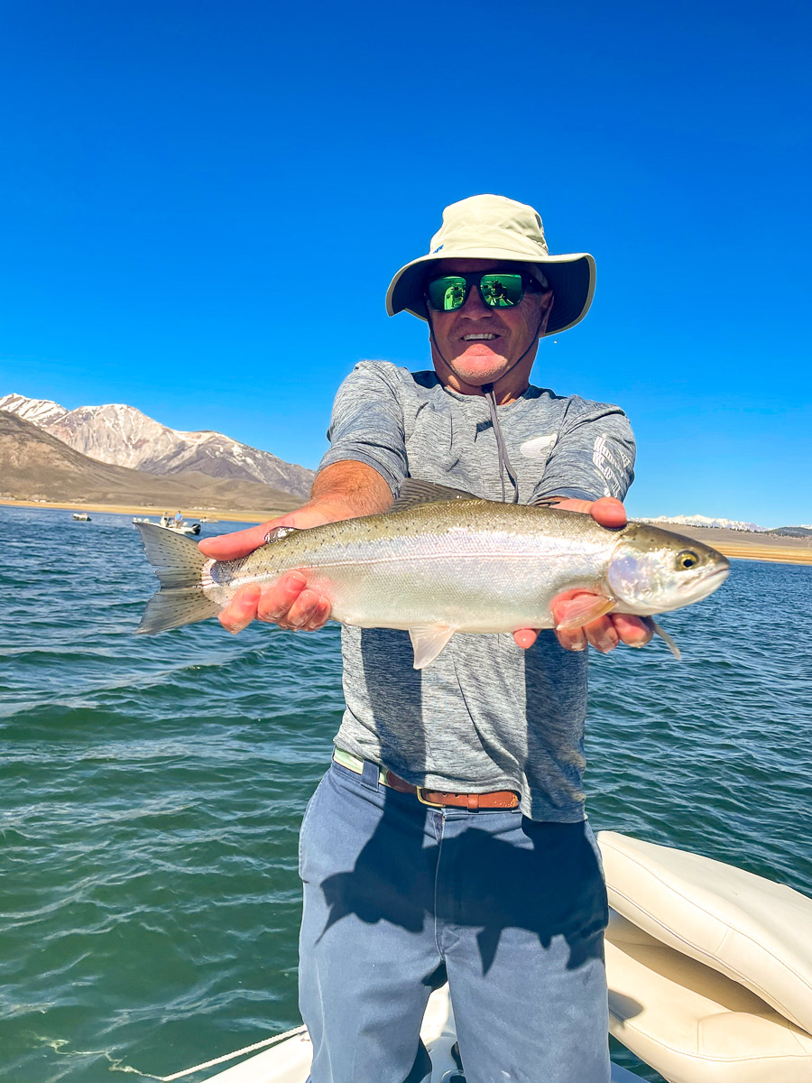 A fly fisherman with a wide-brim hat holding a massive rainbow trout on a lake with snowy mountain tops behind him.