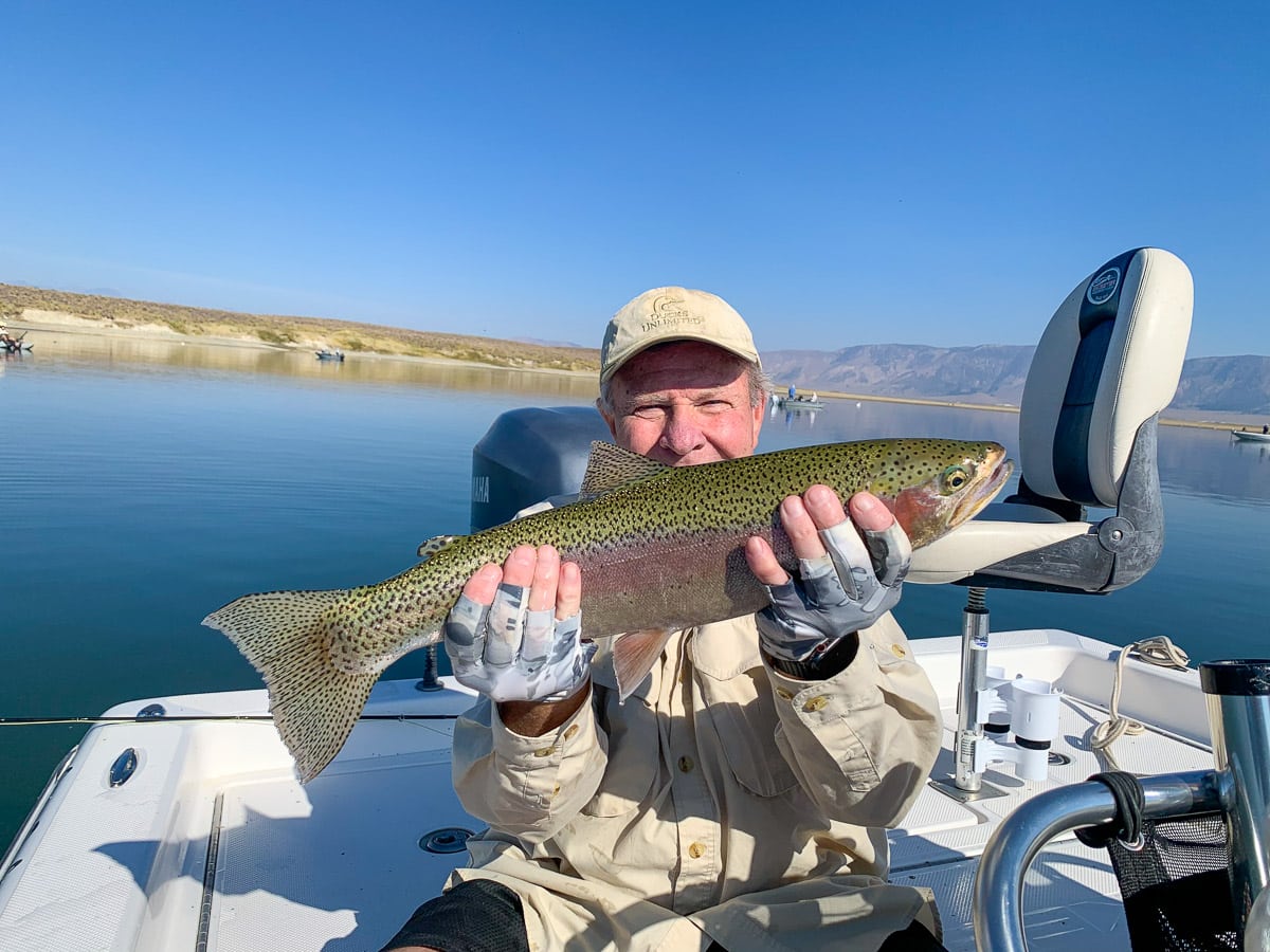 A fly fisherman holding a rainbow trout from Crowley Lake.