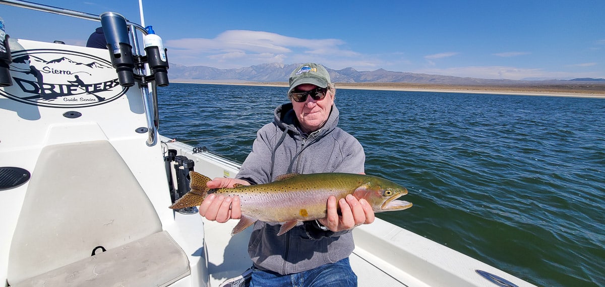 A fly fisherman on a lake in a boat holding a behemoth cutthroat trout.