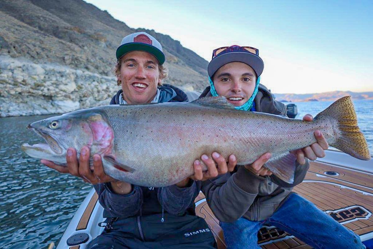 A fly fisherman holding a massive cutthroat trout from a lake.