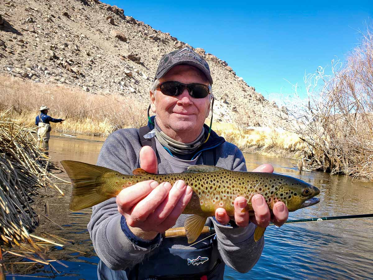 A smiling angler holding a brown trout on a river.