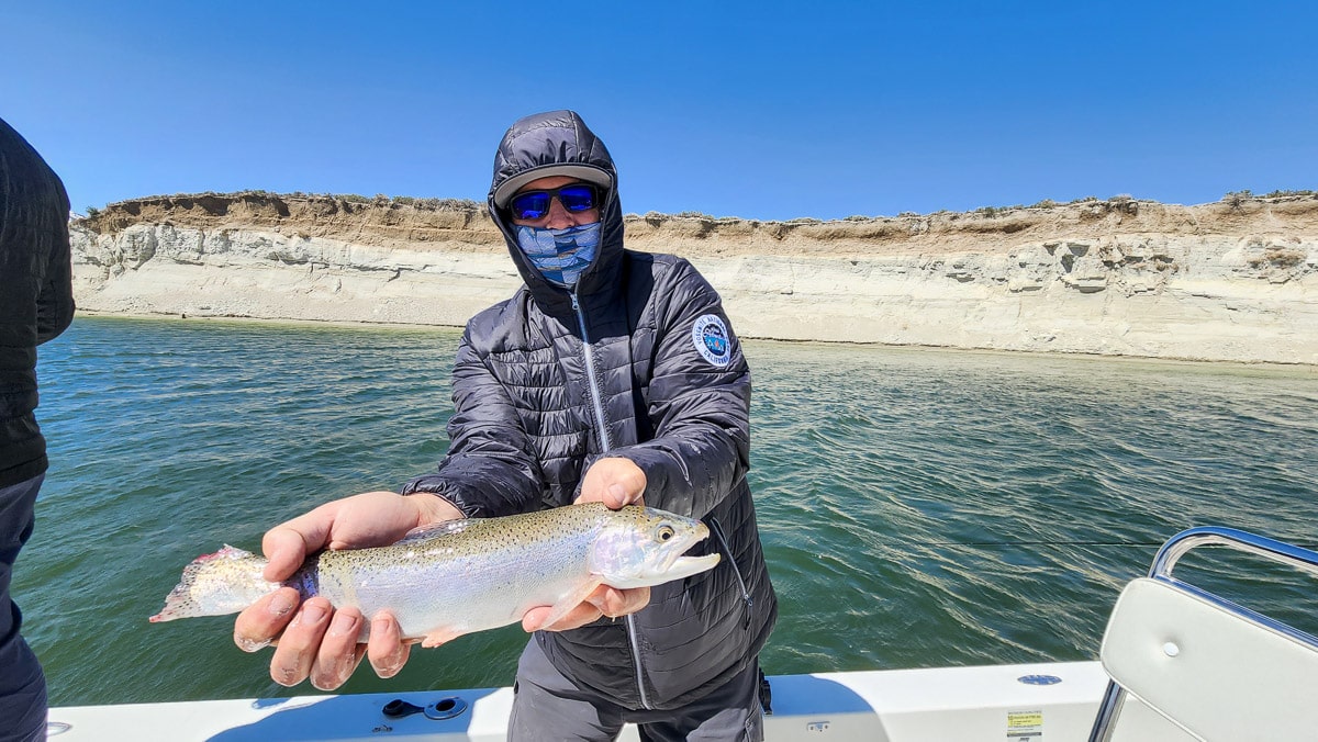 A fly fisherman on a lake in a boat holding a nice rainbow trout.