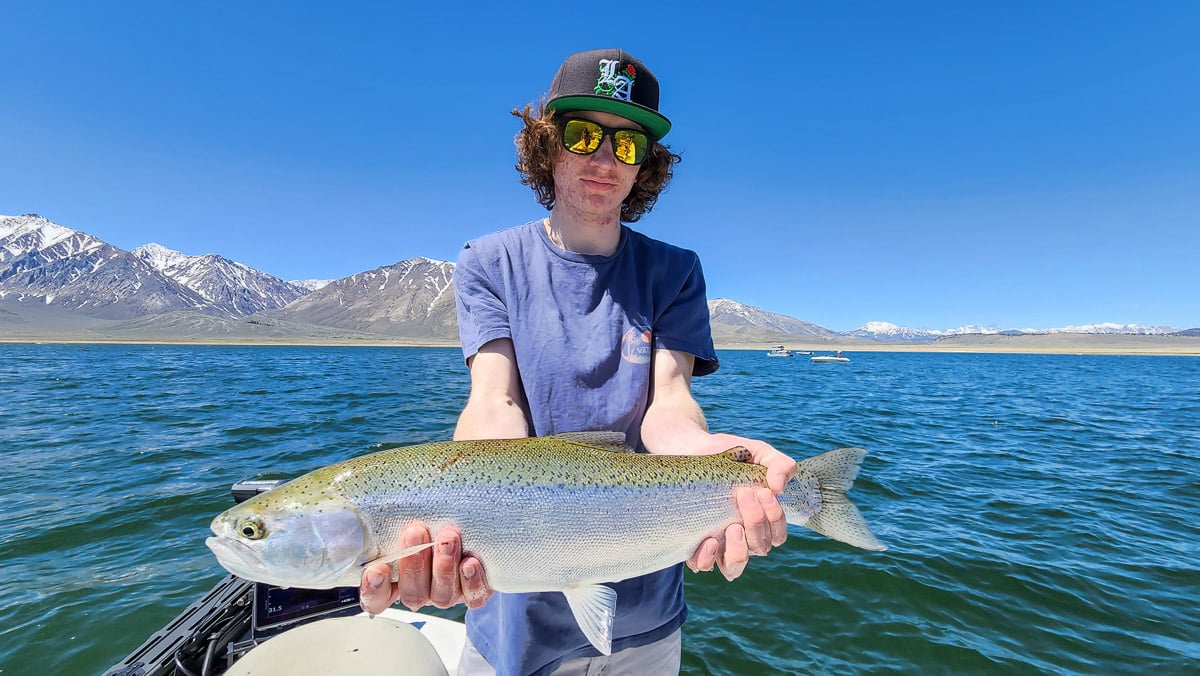 A fly fisherman on a lake in a boat holding a behemoth rainbow trout.