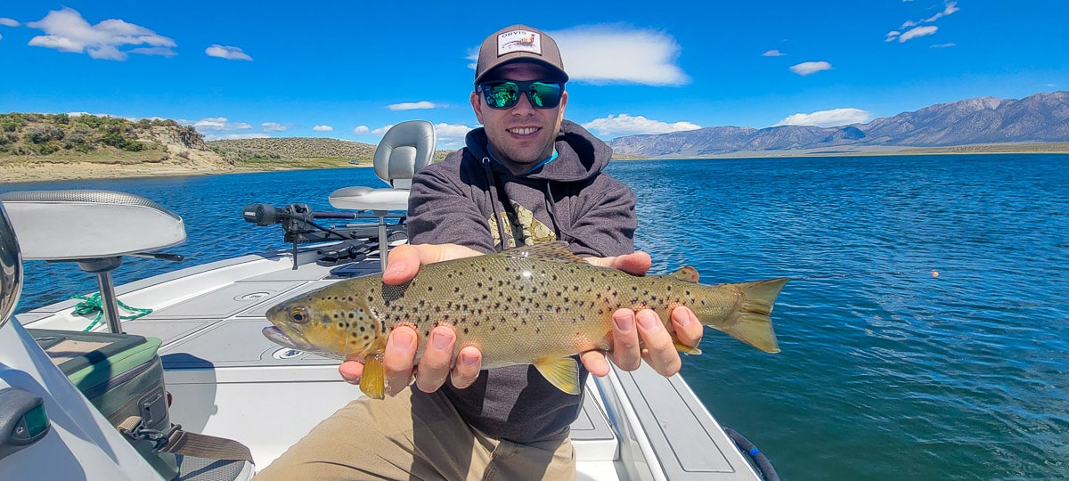 A fly fisherman on a lake in a boat holding a large brown trout.