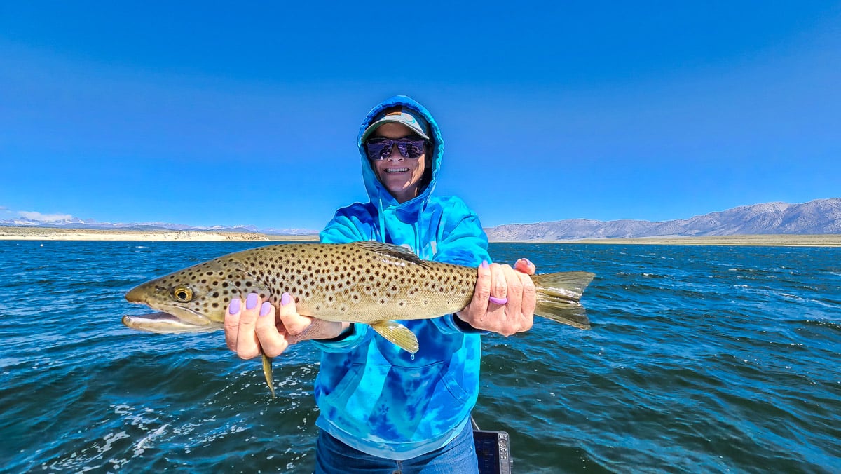 A smiling lady angler in a blue hooded sweatshirt holding a large brown trout in a boat on a lake.