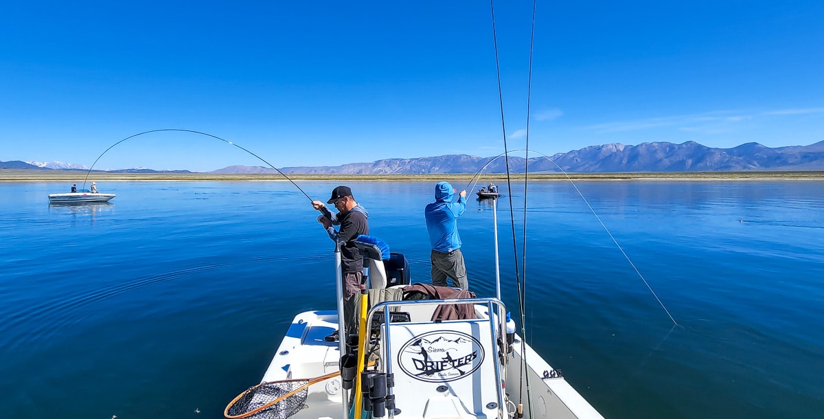 A couple of fly fishermen hooked up to trout at the same time in a boat on a lake.