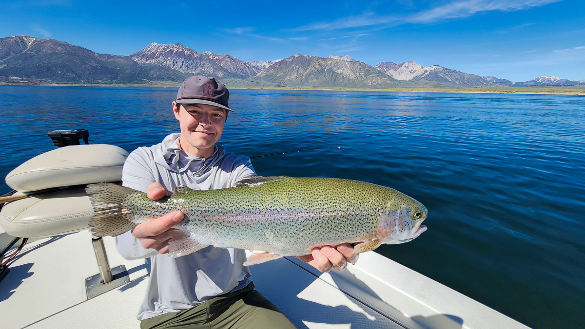 A fly fisherman on a lake in a boat holding a behemoth rainbow trout.