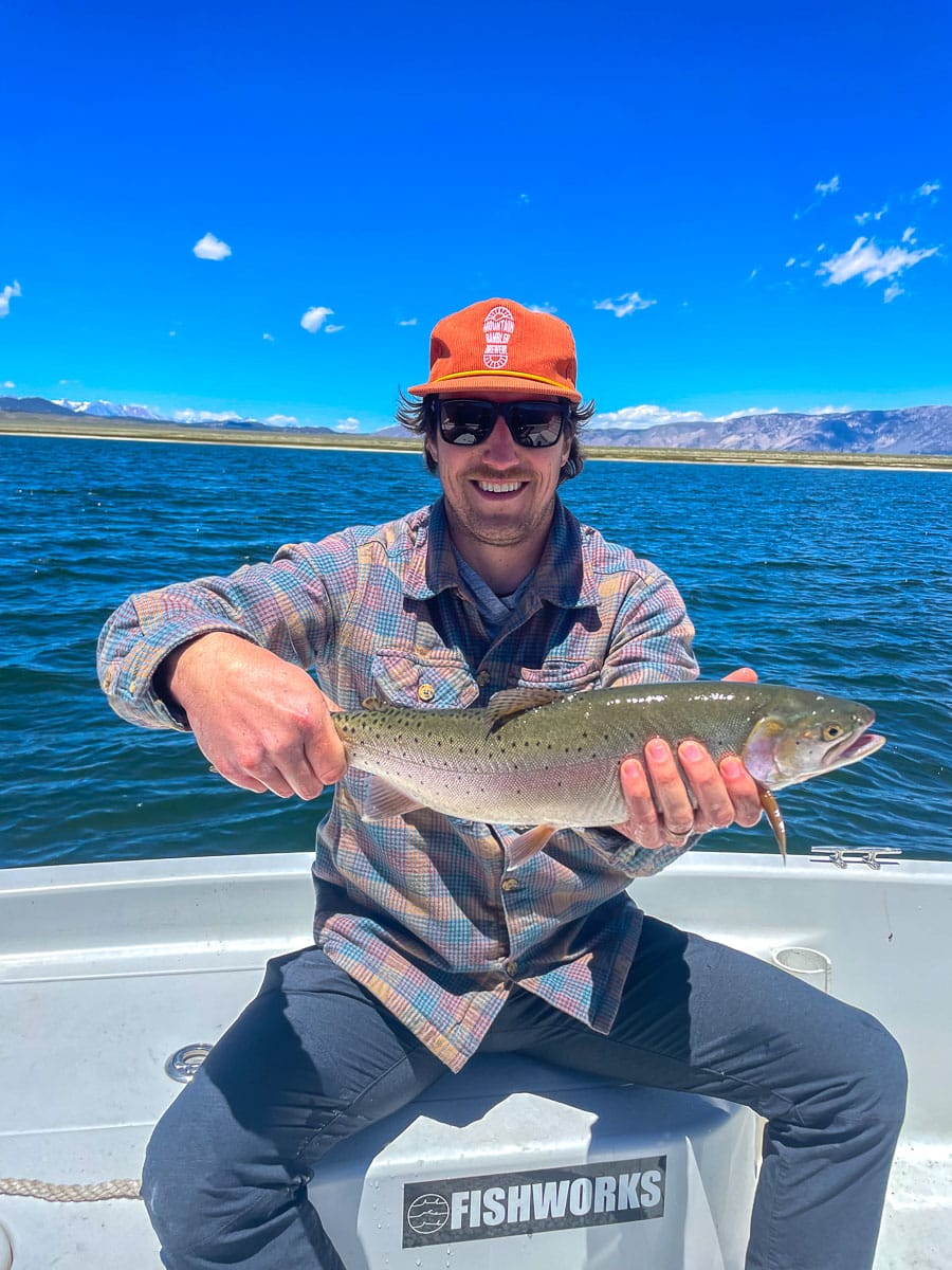 A fly fisherman on a lake in a boat holding a behemoth cutthroat trout.