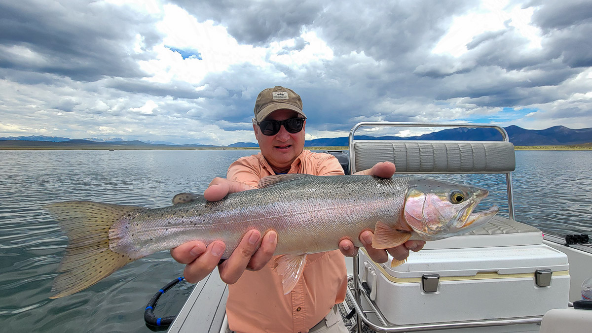 A fisherman holding a giant rainbow trout on a boat in a lake.