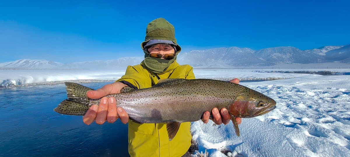 A smiling fisherman holding a massive rainbow trout next to a river in the snow.