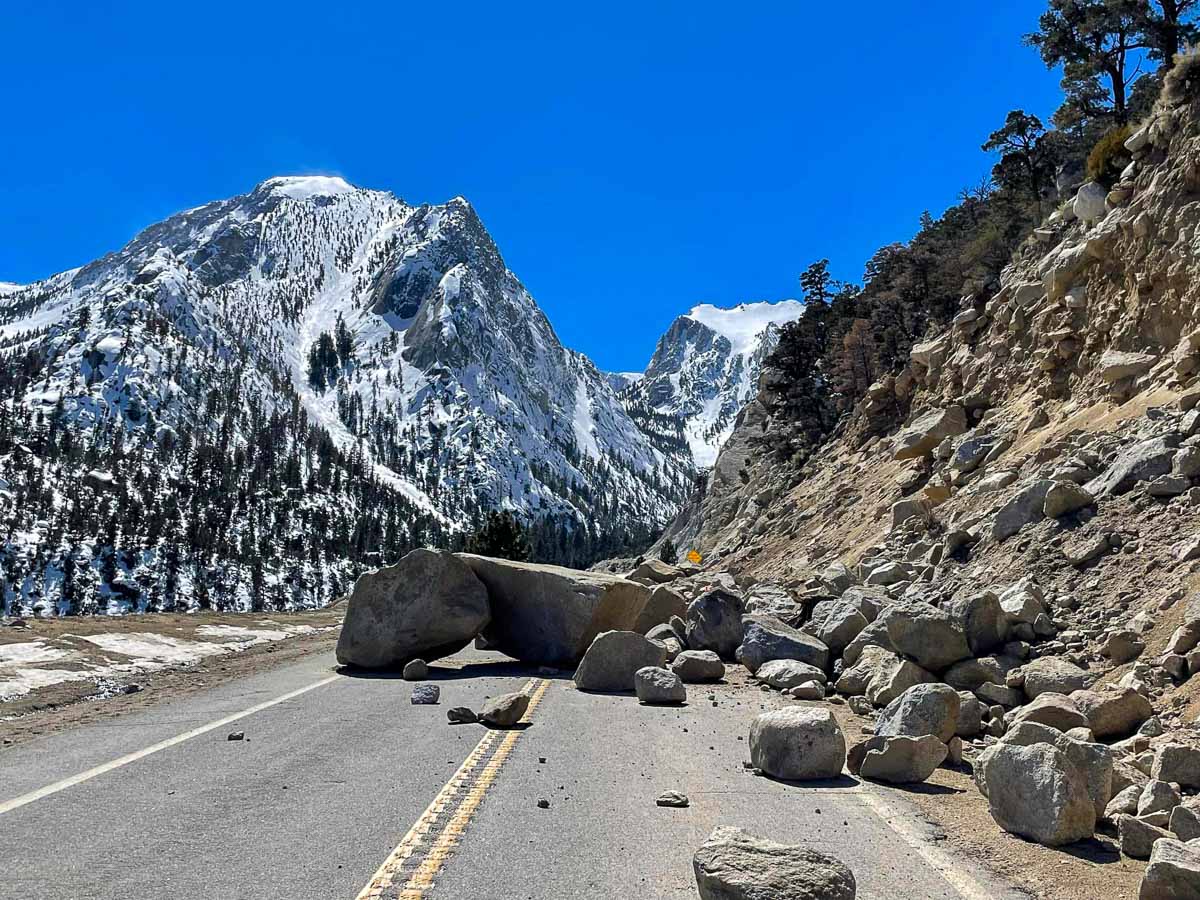 A rockslide on Whitney Portal Road in Lone Pine, CA