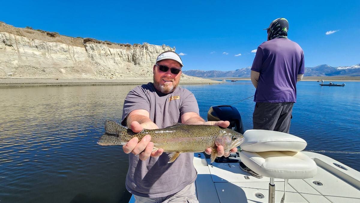 A fisherman holding a large rainbow trout from Crowley Lake on a boat.