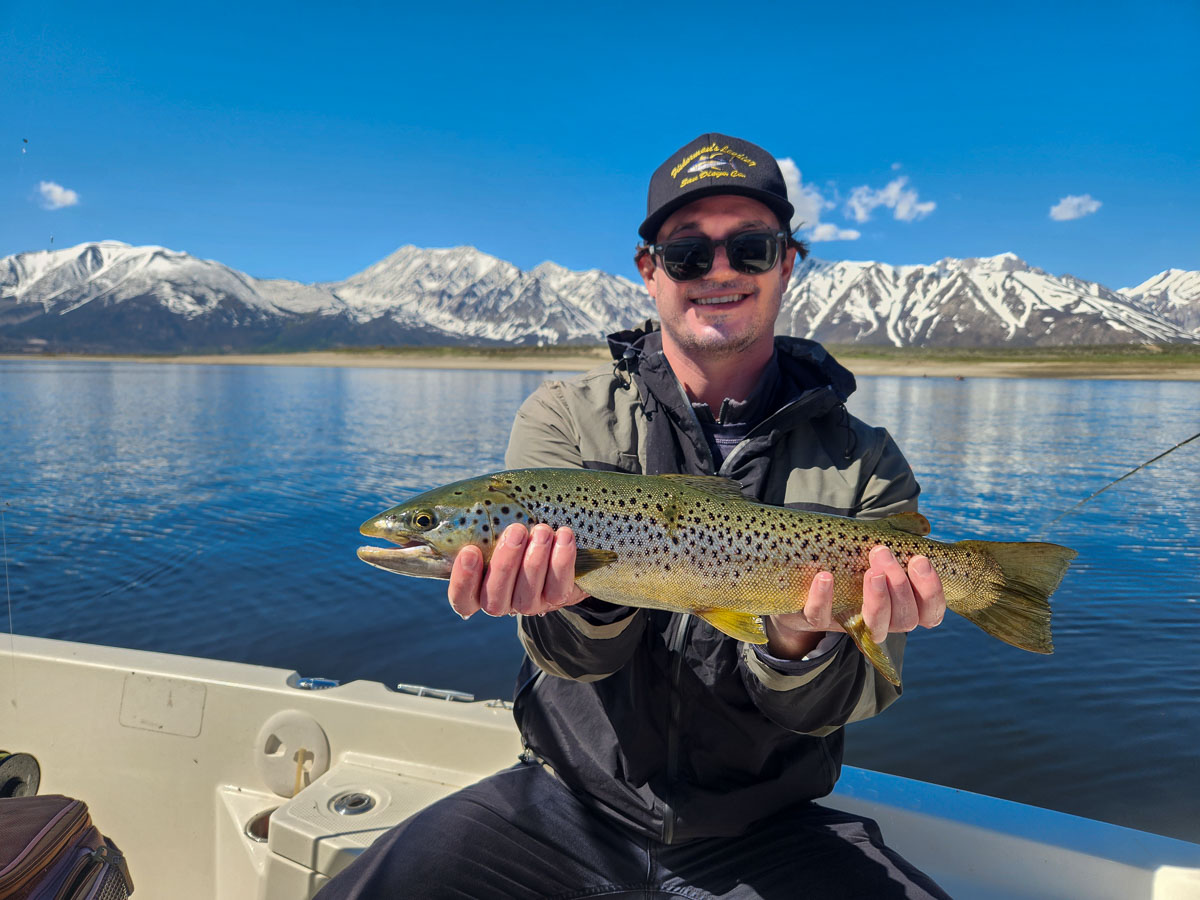 A fisherman holding a large brown trout from Crowley Lake on a boat.