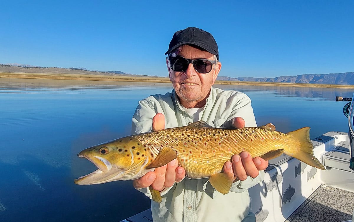 A fisherman holding a large brown trout from Crowley Lake on a boat.