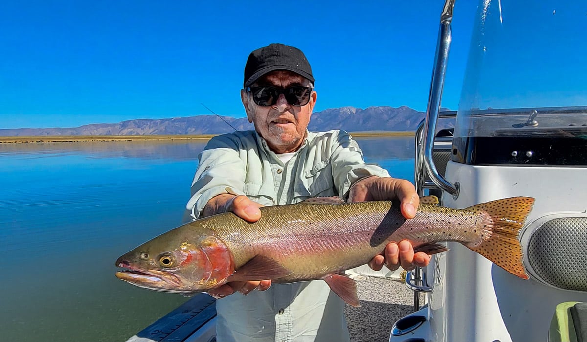 A fisherman holding a large cutthroat trout from Crowley Lake on a boat.