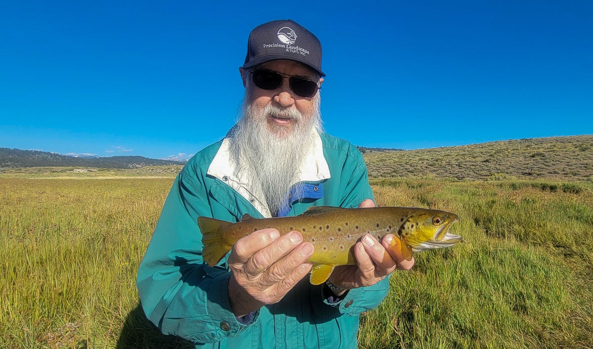 A fisherman holding a large brown trout from the Upper Owens River.