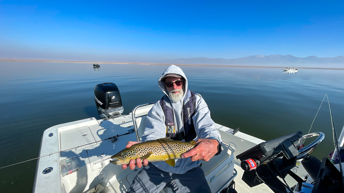 A fisherman holding a large brown trout from Crowley Lake.