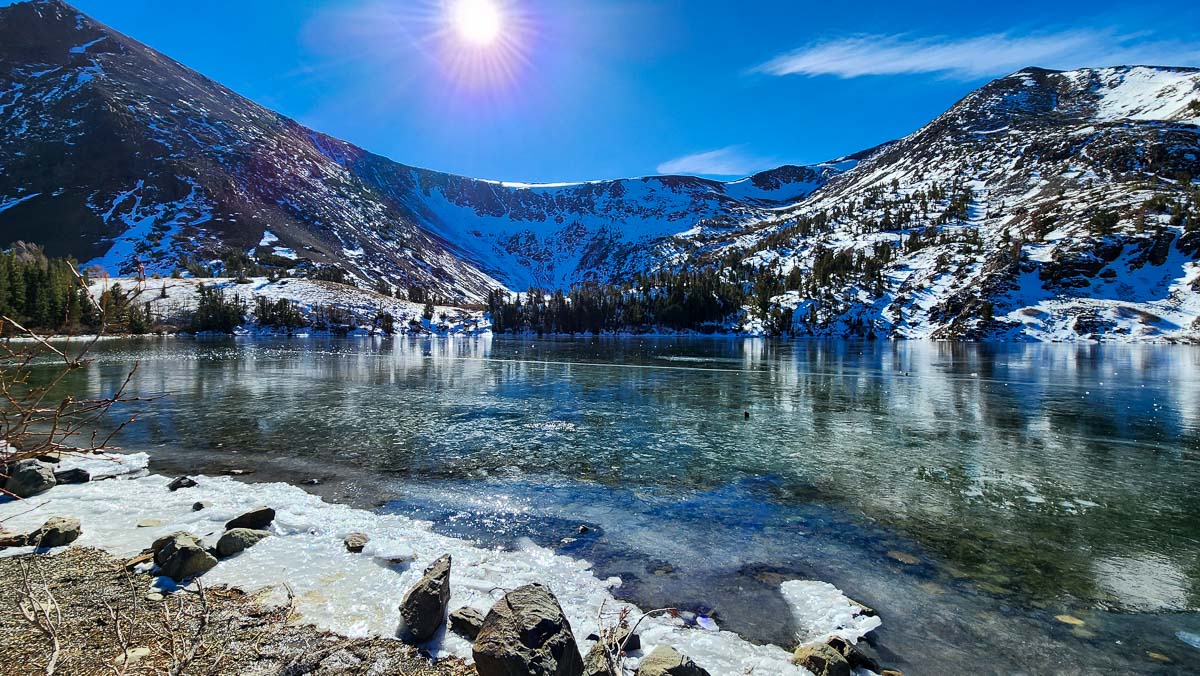 A frozen lake in California's eastern sierra mountains.