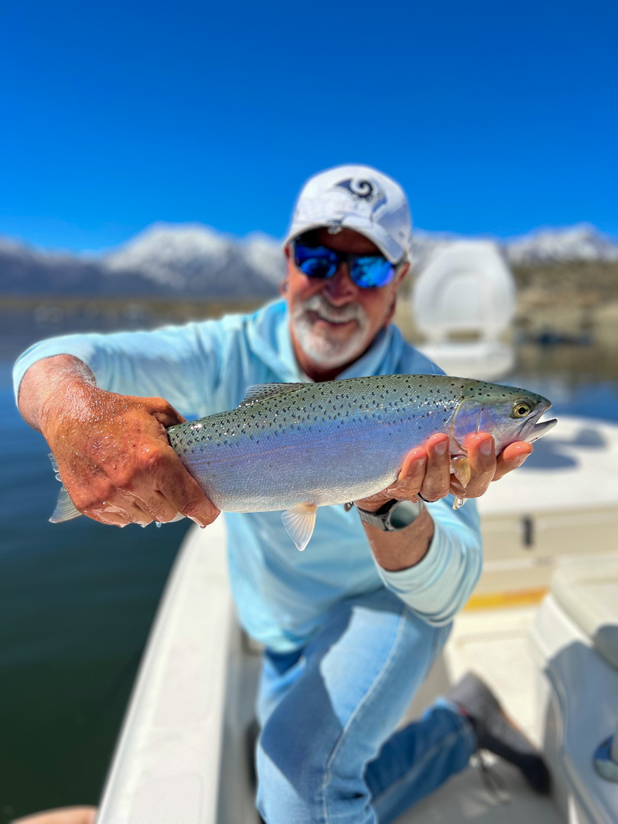A hooded smiling fly fisherman holding a giant rainbow trout in a boat on Bridgeport Reservoir.