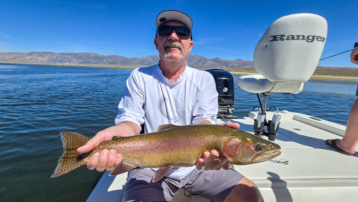 A fly fishermen holding a large rainbow trout in a boat on Crowley Lake in the Eastern Sierra.