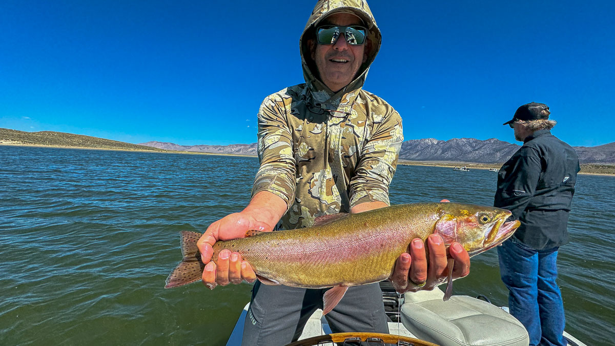 A fly fishermen holding a large cutthroat trout in a boat on Crowley Lake in the Eastern Sierra.