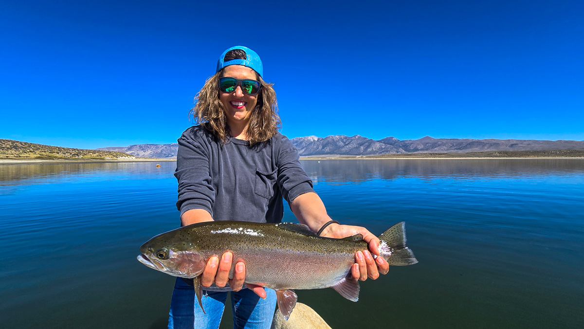 A fly fishermen holding a large rainbow trout in a boat on Crowley Lake in the Eastern Sierra.