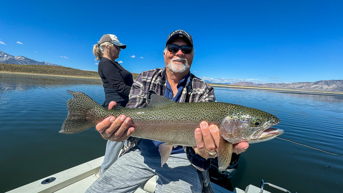 A fly fishermen holding a large rainbow trout in a boat on Crowley Lake in the Eastern Sierra.