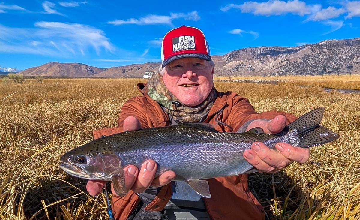 A fly fisherman holding a giant rainbow trout on the Upper Owens River.