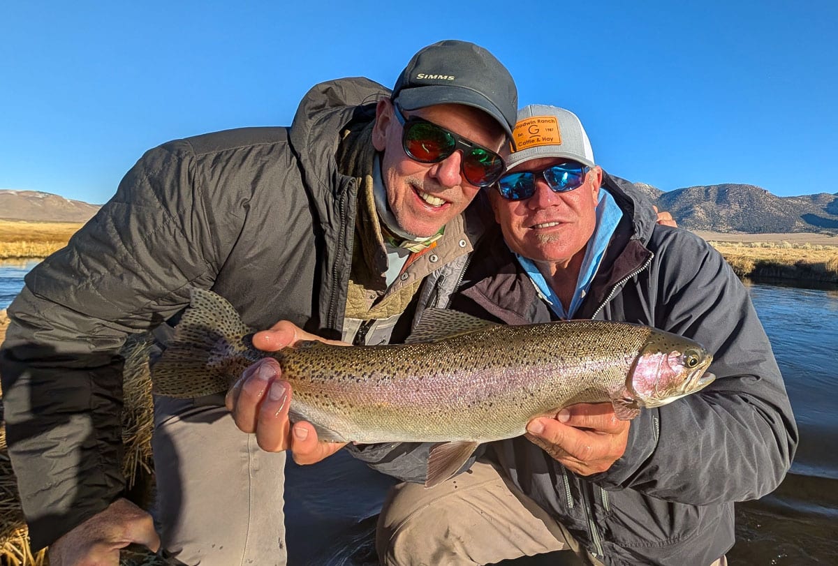 A couple of men holding a pair of brown trout from the Upper Owens River while fishing with an Eastern Sierra Fishing Guide,