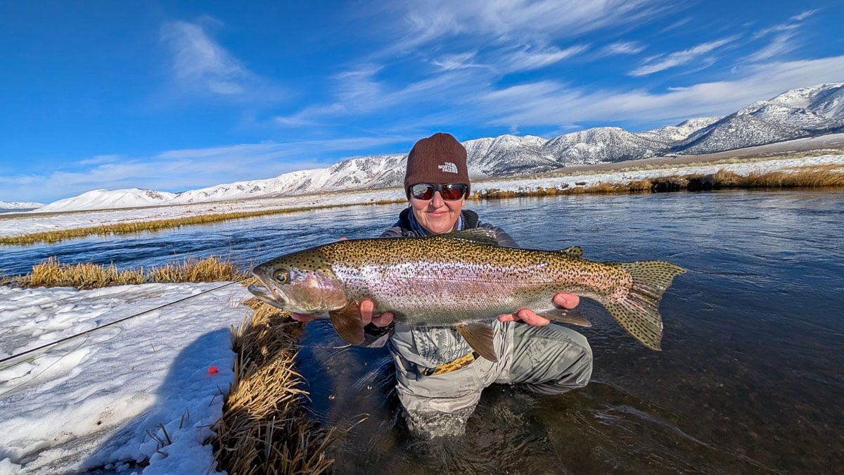 A smiling fly fisherwoman holding a larger rainbow trout on the Upper Owens River near Mammoth Lakes, CA.