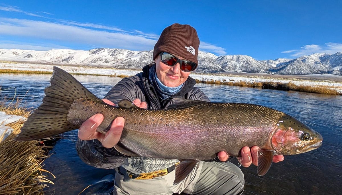 A smiling fly fisherman holding a larger rainbow trout on the Upper Owens River near Mammoth Lakes, CA.