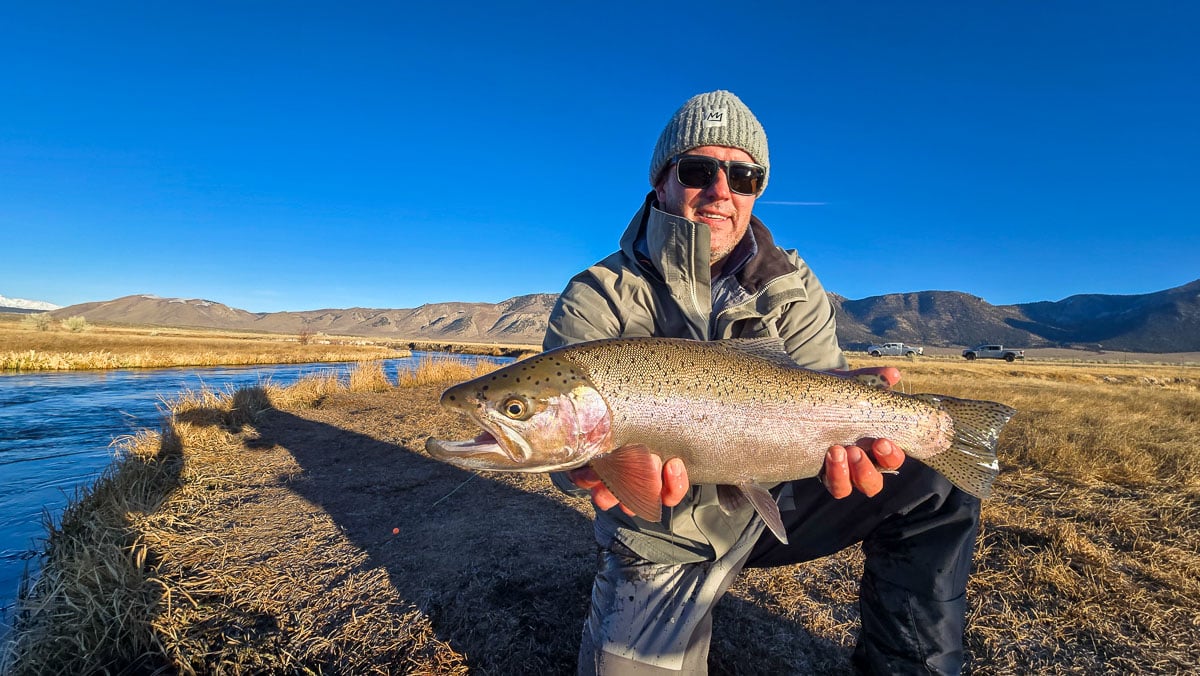 A smiling fly fisherman holding a larger rainbow trout on the Upper Owens River near Mammoth Lakes, CA.