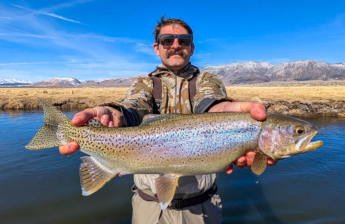 A pair of smiling fly fishermen holding a colorful large rainbow trout from the Upper Owens River near Mammoth Lakes, CA.