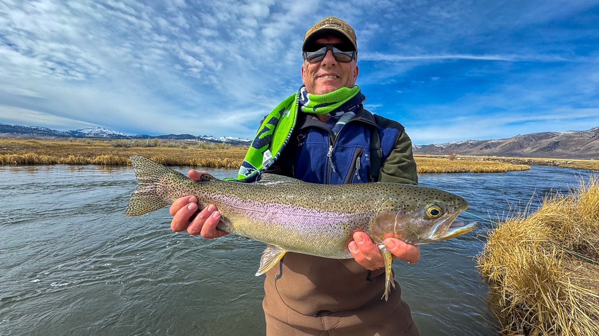 A smiling fly fisherman holding a larger rainbow trout on the Upper Owens River near Mammoth Lakes, CA.