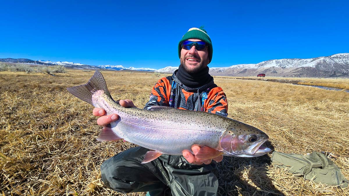 A smiling fly fisherman holding a larger rainbow trout on the Upper Owens River near Mammoth Lakes, CA.