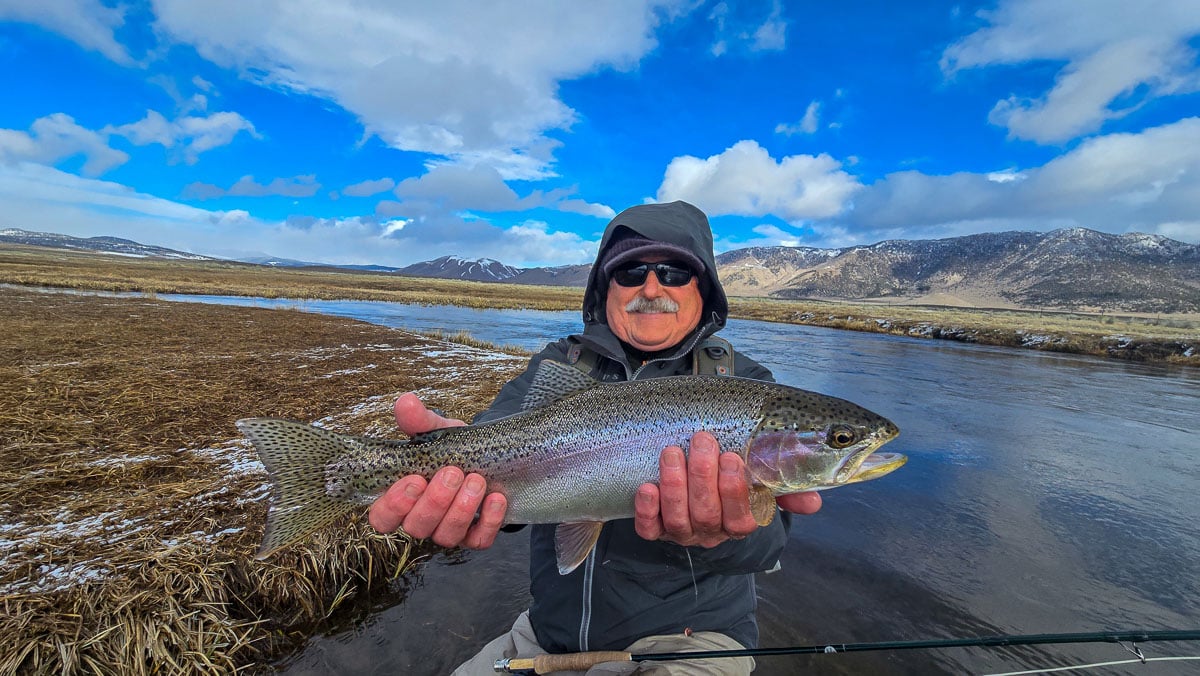 A fly fisherman holding a giant rainbow trout on the Upper Owens River.