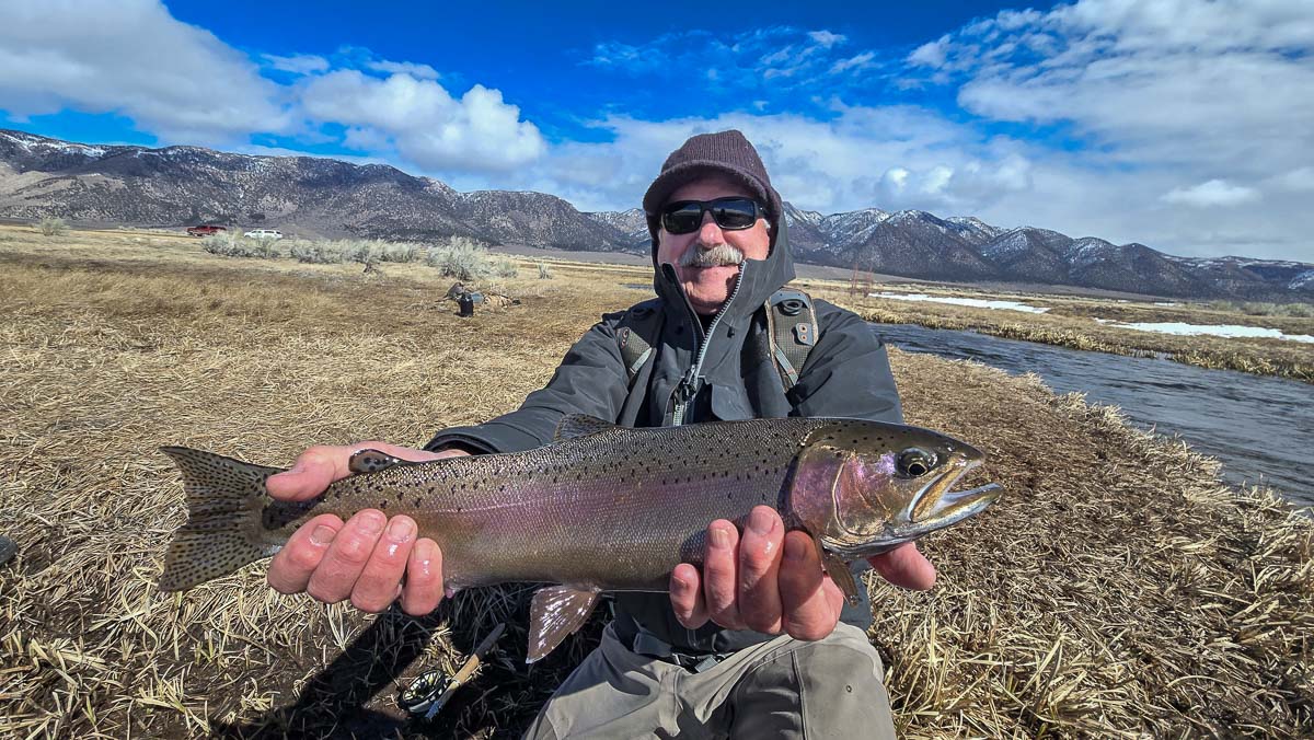 A fly fisherman holding a giant rainbow trout on the Upper Owens River.