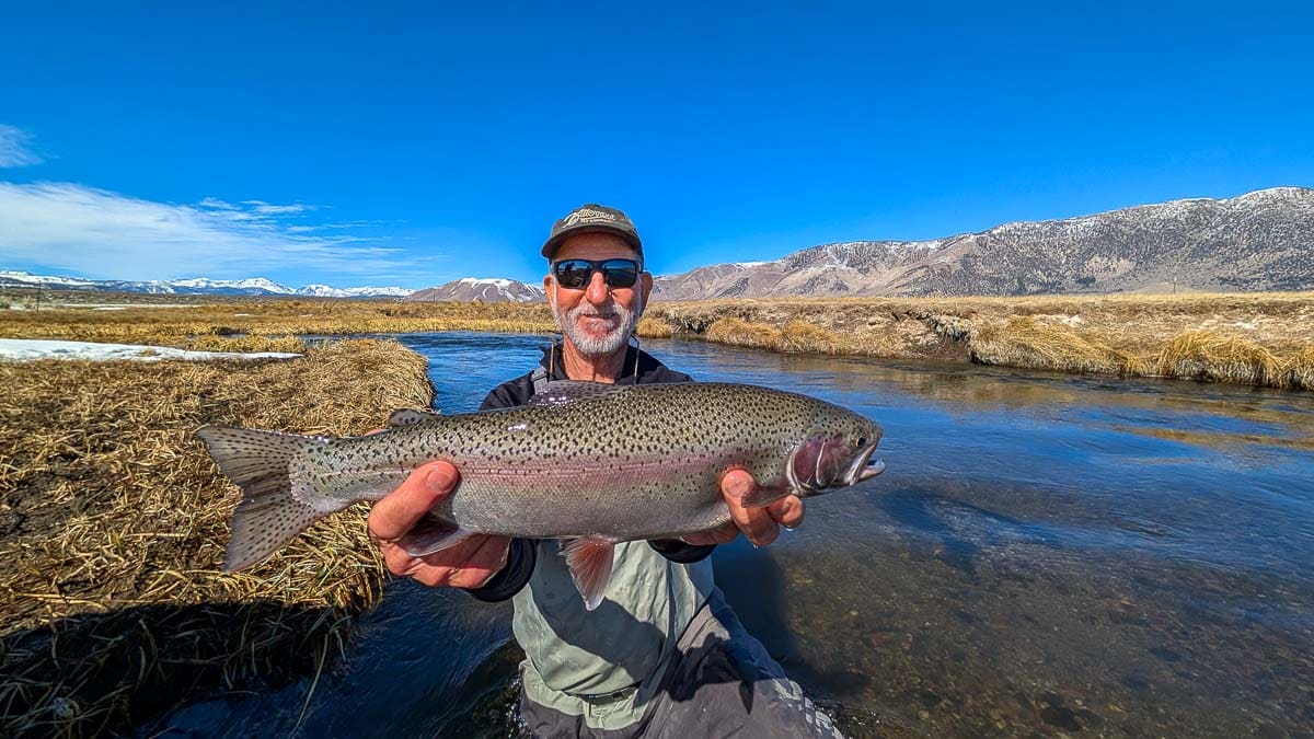 A smiling fly fisherman holding a larger rainbow trout on the Upper Owens River near Mammoth Lakes, CA.