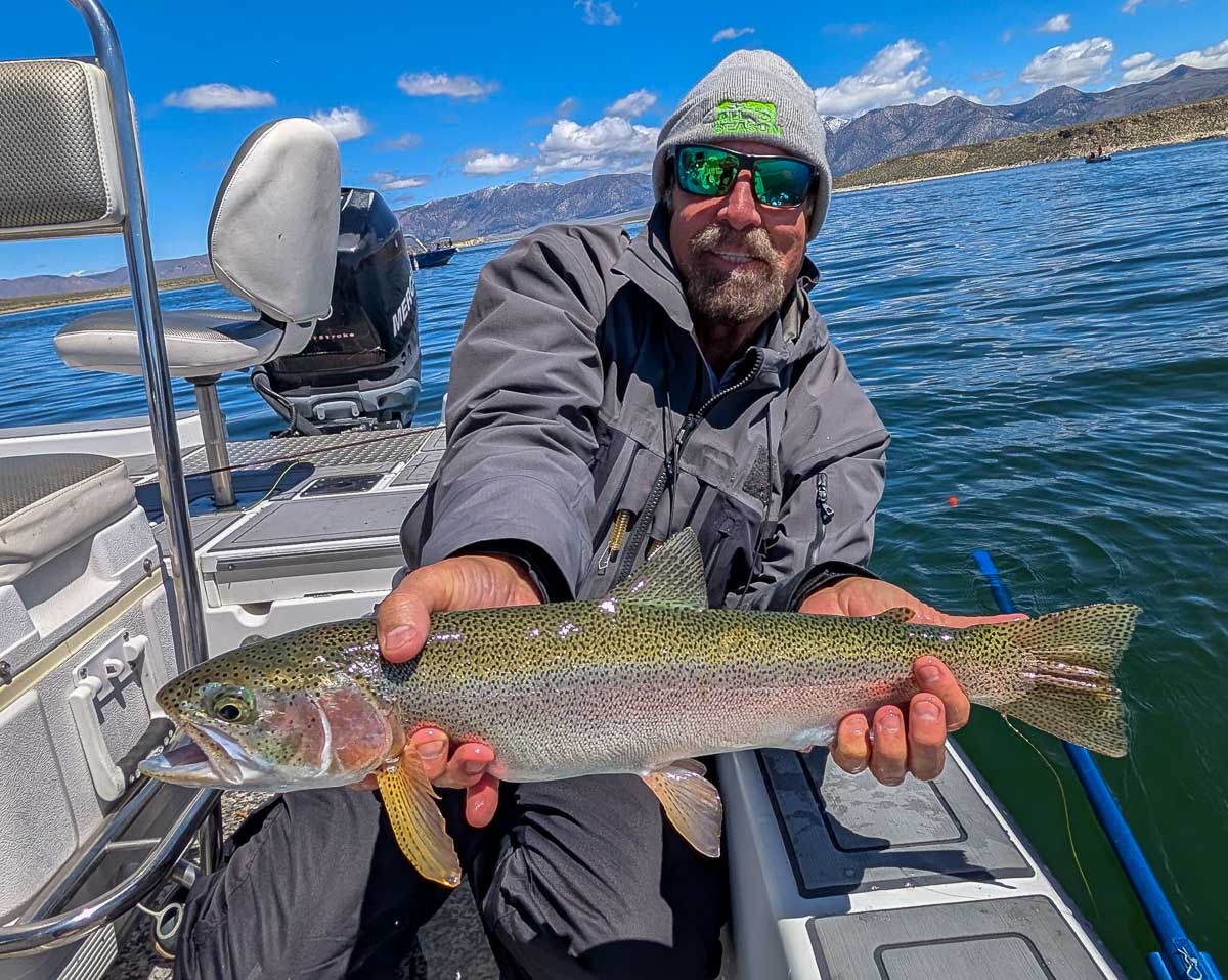 A fly fisherman holding a large rainbow trout on Crowley Lake near Mammoth Lakes, CA